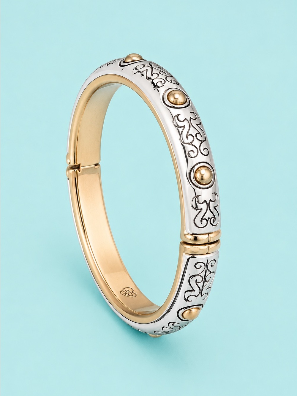 Brighton Two-Tone Hinged Bangle Bracelet Silver Gold Scroll Heart Logo